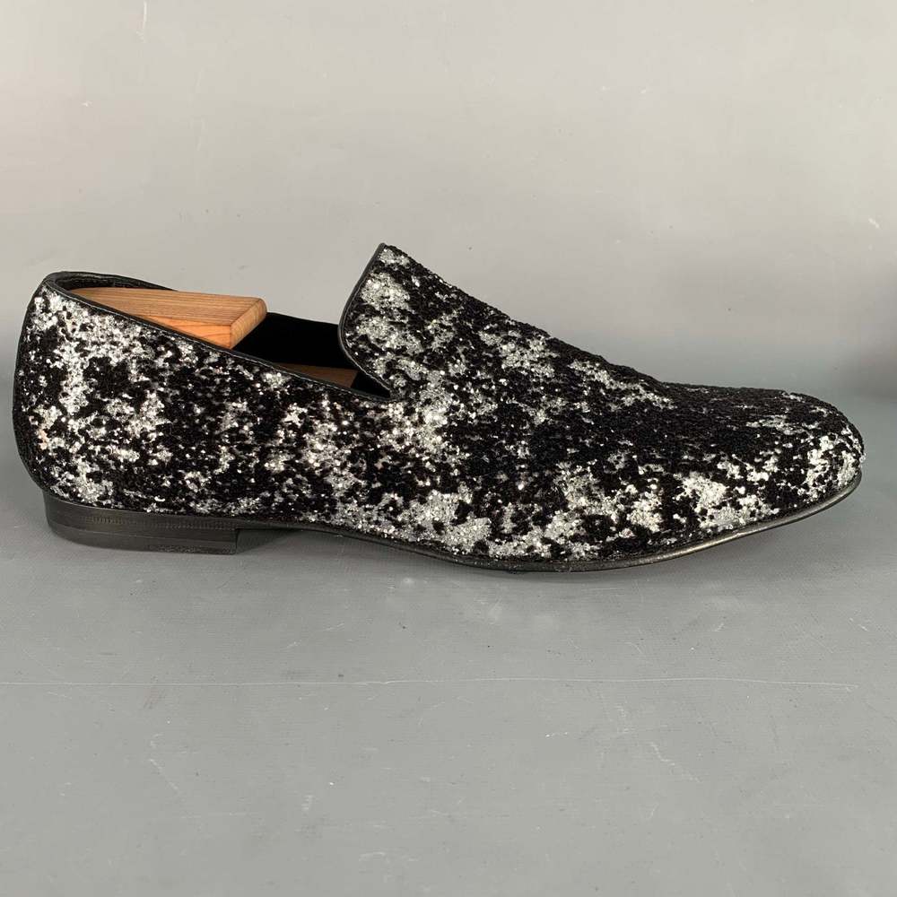 JIMMY CHOO Velvet Glitter Devore Sloan Black Silver Slip On Loafers - Picture 2 of 10